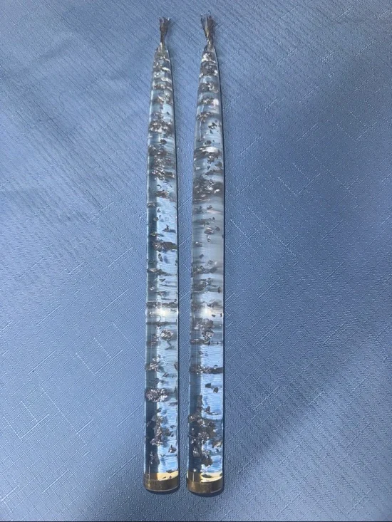 Lucite taper candles clear filled with silver flecks 10” tall - Picture 3 of 6